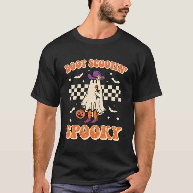 T-shirt Retro Halloween Cowgirl Ghost Western Boot Scootin (Devant)