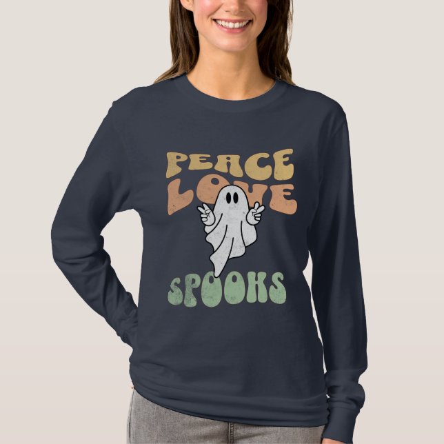 T-shirt Retro Halloween Ghost Super Peace Love Spots (Devant)