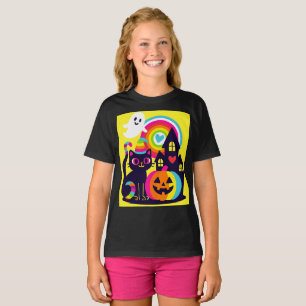 T-shirt Retro Halloween Kawaii Chat noir, design Citrouill
