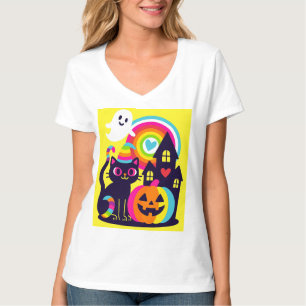 T-shirt Retro Halloween Kawaii Chat noir, design Citrouill