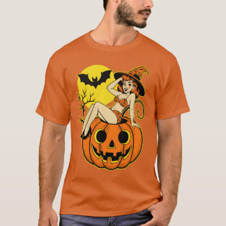 T-shirt Retro Halloween Pinup Witch sur Citrouille