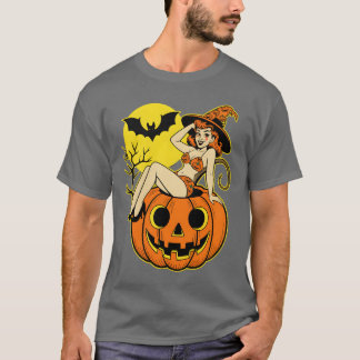 T-shirt Retro Halloween Pinup Witch sur Citrouille