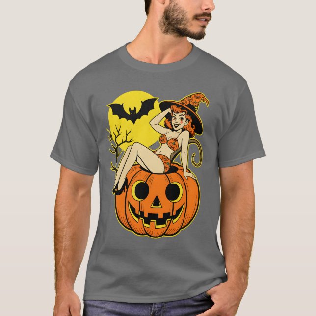 T-shirt Retro Halloween Pinup Witch sur Citrouille (Devant)