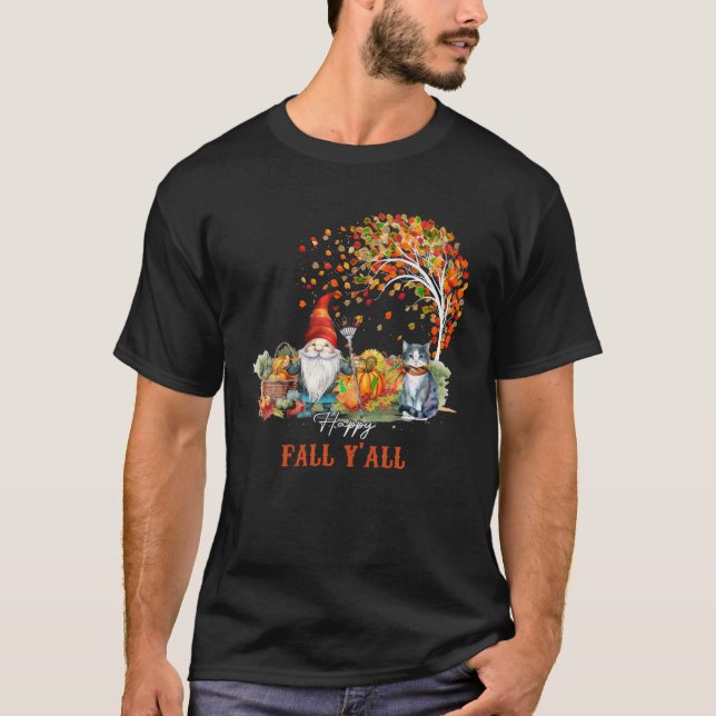T-shirt Retro Happy Fall Y all Fall Gnome Chat Citrouille  (Devant)