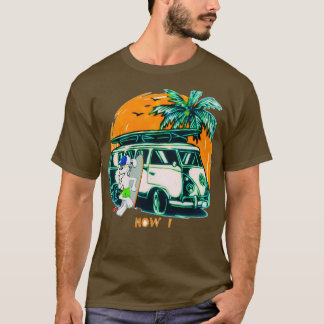 T-shirt retro hawaii hippie chien surf longboard aloha