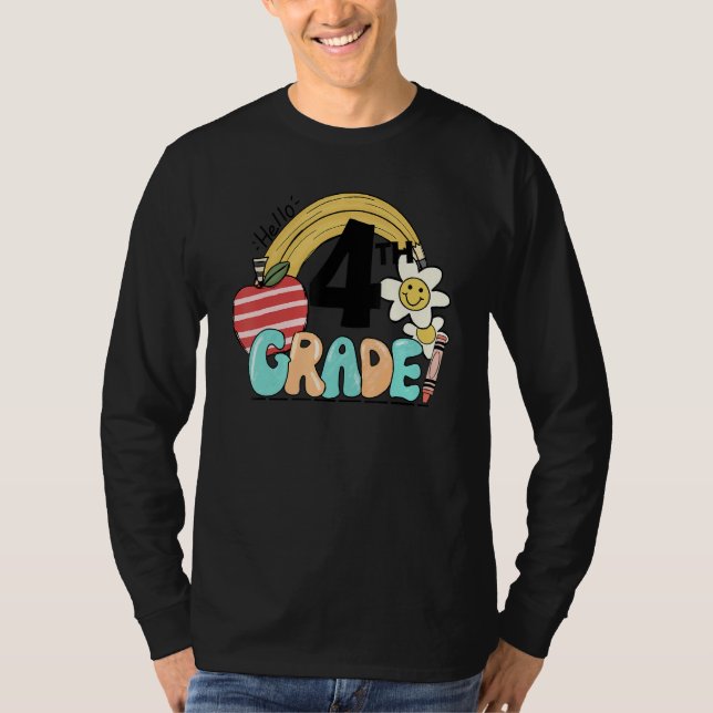 T-shirt Retro Hello 4th Grade Floral Rainbow Fourth Grade  (Devant)