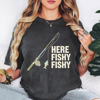 T-shirt Retro Here Fishy Fishy Fishing Rod & Fish Design