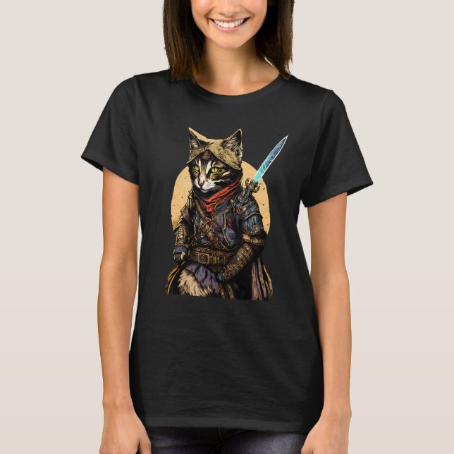 T-shirt Retro Japanese Samurai Cat Bushido Warrior Sword V (Devant)