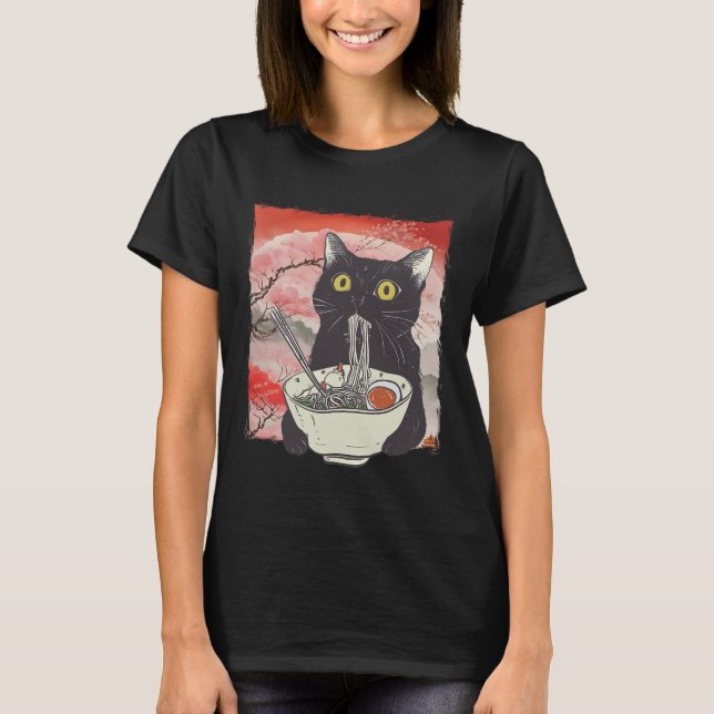 T-shirt Retro Japonais Chat Manger Ramen nouilles amusante (Devant)