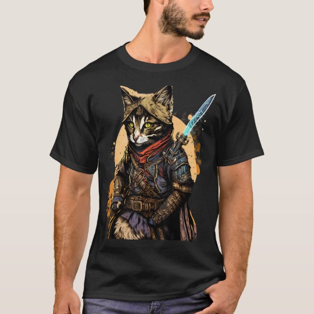 T-shirt Rétro Japonais Samurai Chat Bushido Warrior épée V (Devant)