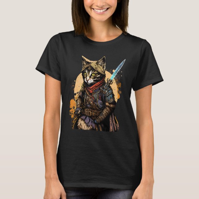 T-shirt Rétro Japonais Samurai Chat Bushido Warrior épée V (Devant)