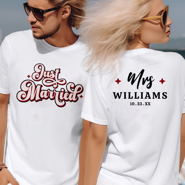 T-shirt Retro Just Married Mr et Mrs Pink Red & White (Retro Just Married Mr and Mrs Pink Red & White T-Shirt)