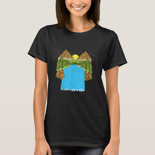 T-shirt Retro Lake Mountain Sun Landcape Forest (Devant)