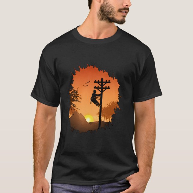 T-shirt Retro Lineman coucher de soleil père hommes câble  (Devant)