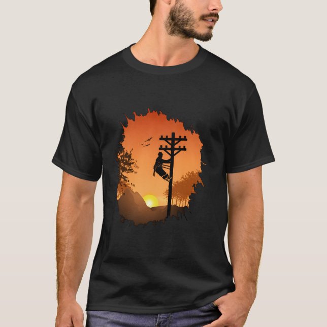 T-shirt Retro Lineman coucher de soleil père hommes câble  (Devant)