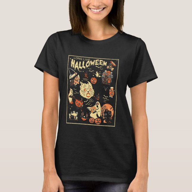 T-shirt Rétro Long Effrayant Citrouille d'Halloween Chat F (Devant)