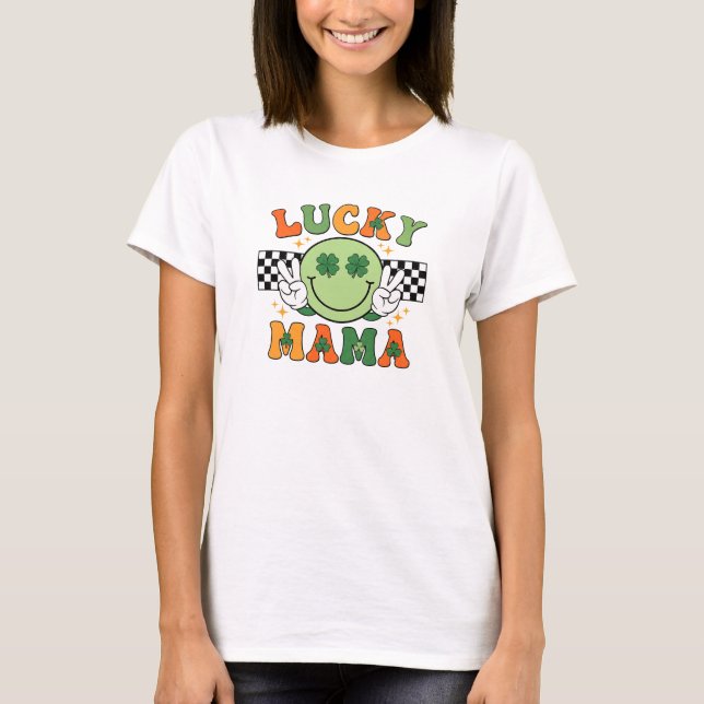 T-shirt Retro Lucky Mama Smiley Face Shamrock Art (Devant)
