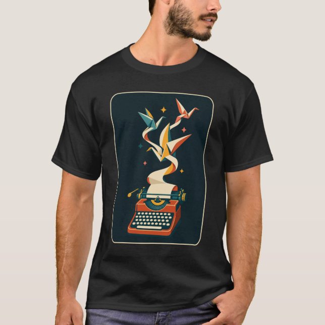 T-Shirt Rétro Machine à Écrire Grue en Papier (Devant)