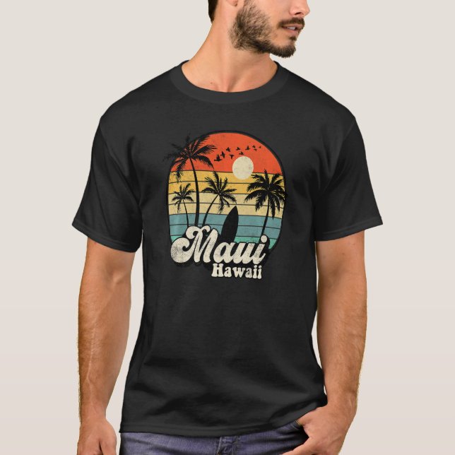 T-shirt Retro Maui Hawaii Hawaiian Vacation Beach Surfing  (Devant)