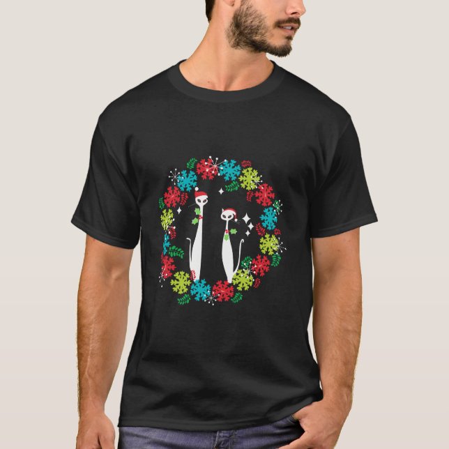 T-shirt Retro Mid-Century moderne Cool Chat Noël Wreath (Devant)