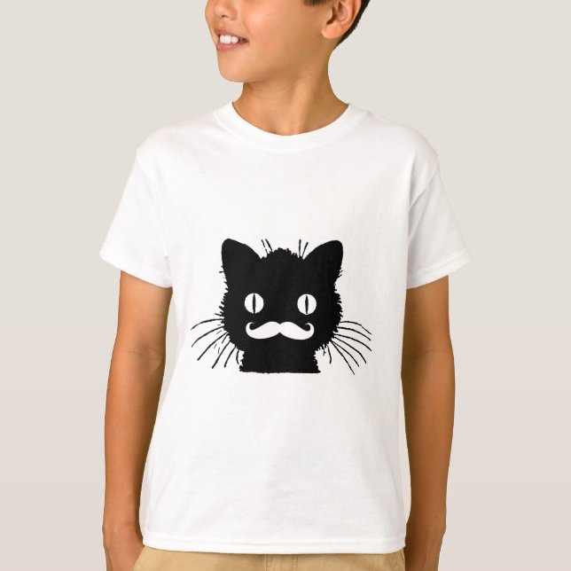T-SHIRT RÉTRO MOUSTACHE DRÔLE SUR KITTY NOIR (Devant)