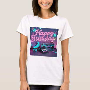 T-shirt Retro neon Joyeux Anniversaire signe en rose et tu