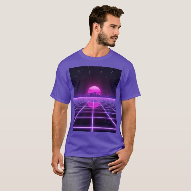 T-shirt Rétro Néon Synthwave 80s Grille Infinie Esthétique (Devant entier)