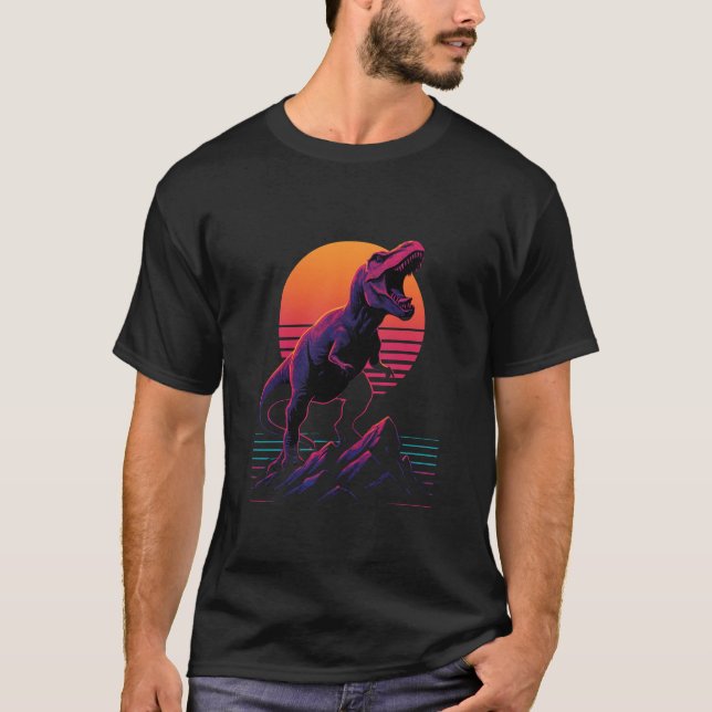T-shirt Retro Neon T-Rex Roar at Sunset (Devant)