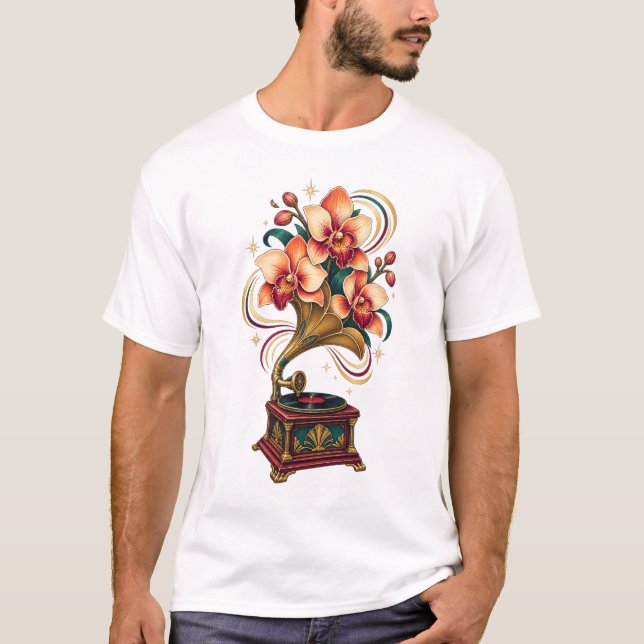 T-Shirt Rétro Orchidée Gramophone au Clair de Lune (Devant)