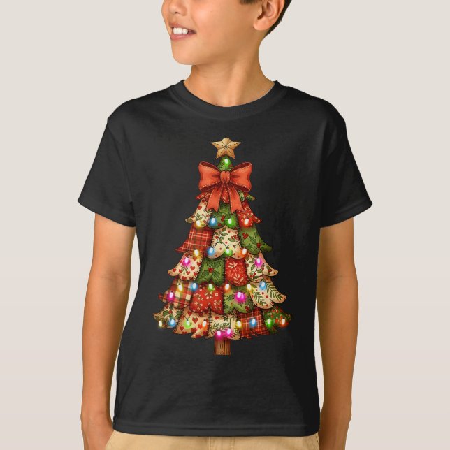 T-shirt Retro Patchwork Bow Christmas,rustic Country Chris (Devant)