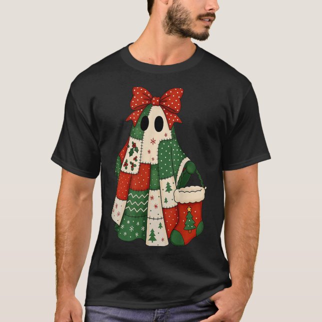 T-shirt Retro Patchwork Christmas Ghost Coquette Bow X-mas (Devant)