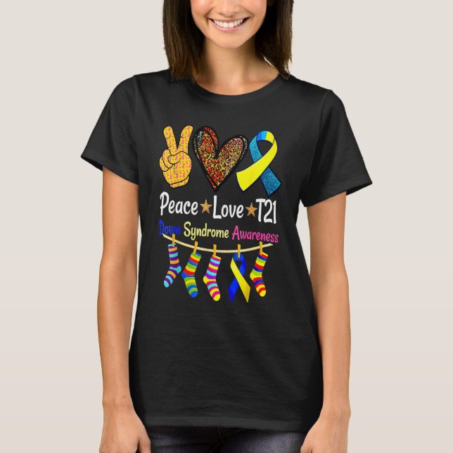 T-shirt Retro Peace Love Cure Blue World Down Syndrome Awa (Devant)