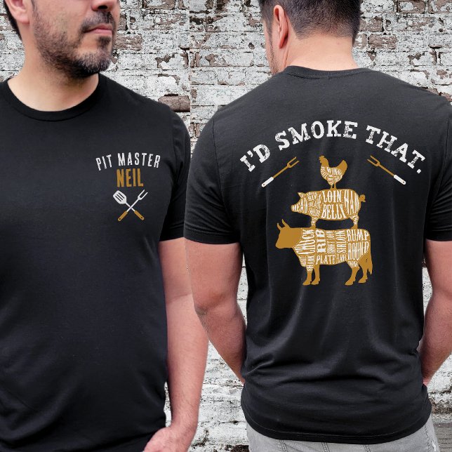 T-shirt Retro Pit Master Nom personnalisé Drôle Je fumerai (I'd Smoke That Smoker Grill Gift with Pit Master Name, retro vintage cow chicken pig, grilling forks)