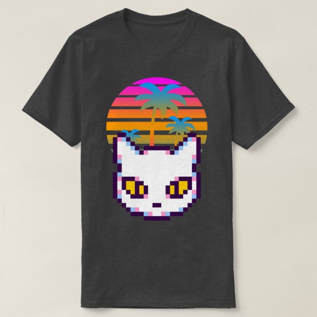 T-shirt Retro Pixel Kitty Cat Palm Trees Sunset (Design devant)