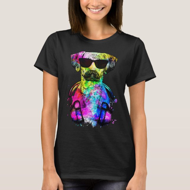 T-shirt Retro Pop Black Mouth Cur Dog Portrait with Headph (Devant)