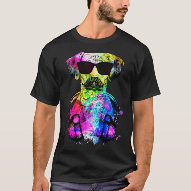 T-shirt Retro Pop Black Mouth Cur Dog Portrait with Headph (Devant)