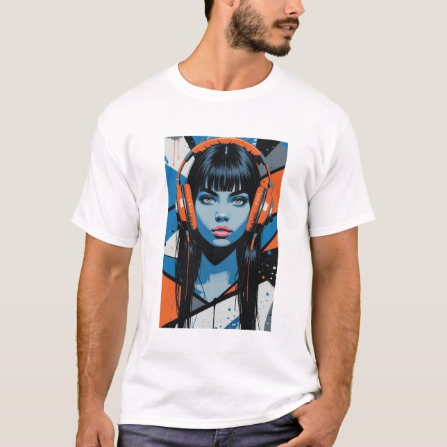 T-shirt Retro Pop Girl avec casque - Vibrant Street Ar (Devant)