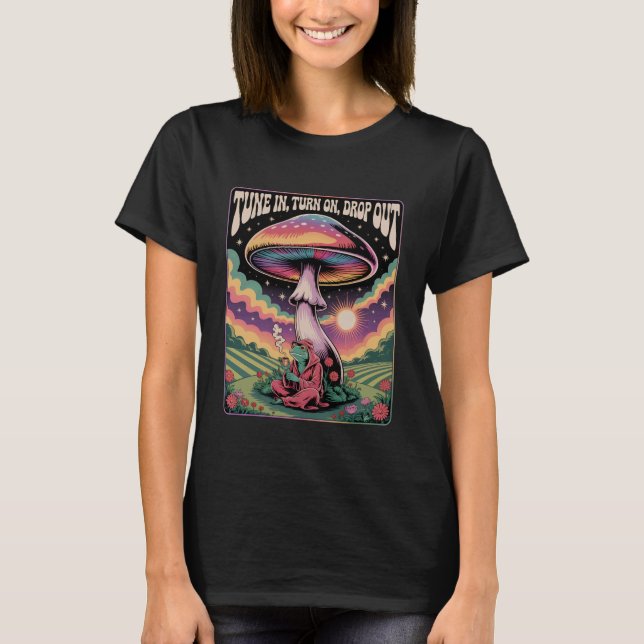 T-shirt Retro Psychedelic Frog Mushroom Cosmic Vibes (Devant)