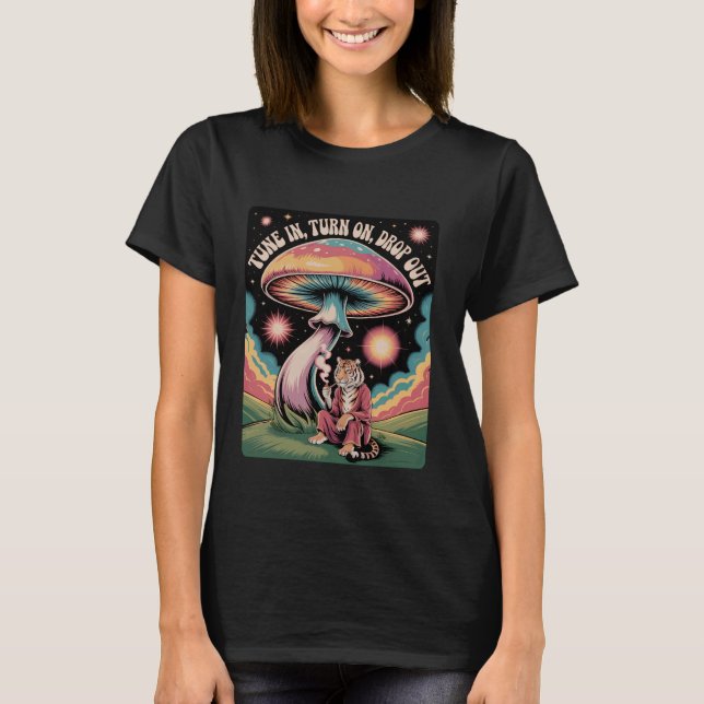 T-shirt Retro Psychedelic Tiger Mushroom Cosmic Vibes (Devant)