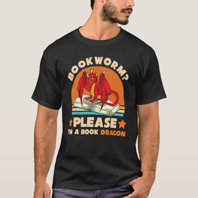 T-shirt Retro Reading Bookworm Please Im A Book Dragon (Devant)
