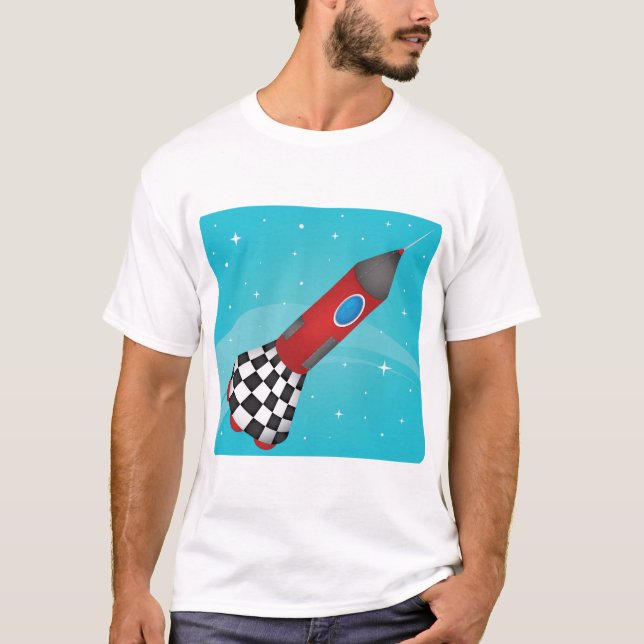 T-shirt Retro Red Rocket Ship in Space Galactic (Devant)