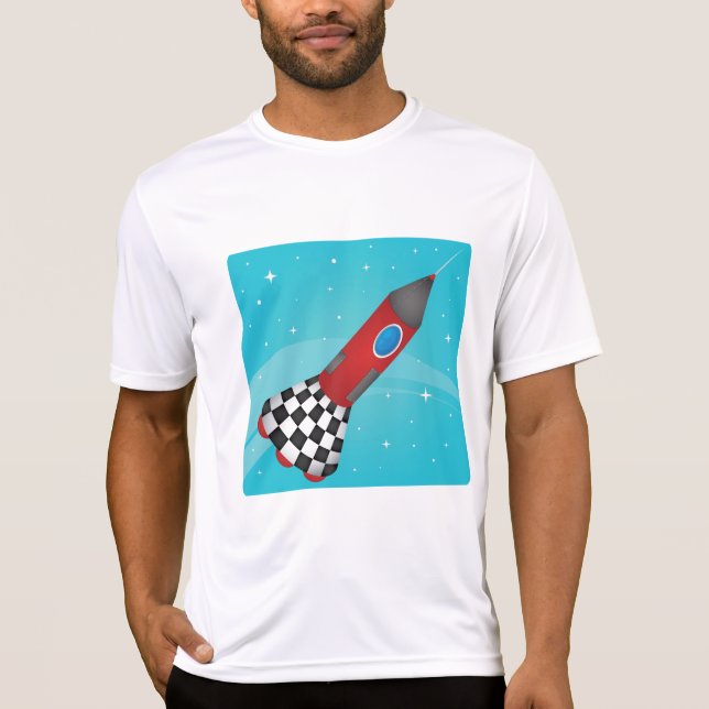 T-shirt Retro Red Rocket Ship in Space Galactic (Devant)