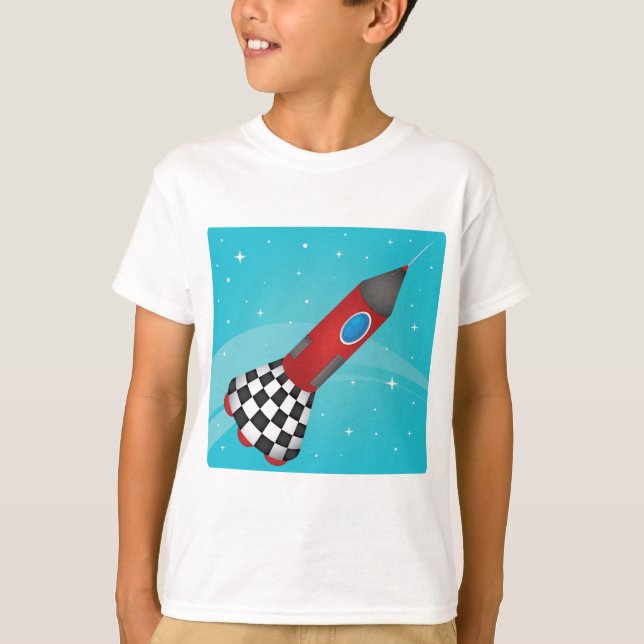 T-shirt Retro Red Rocket Ship in Space Galactic (Devant)