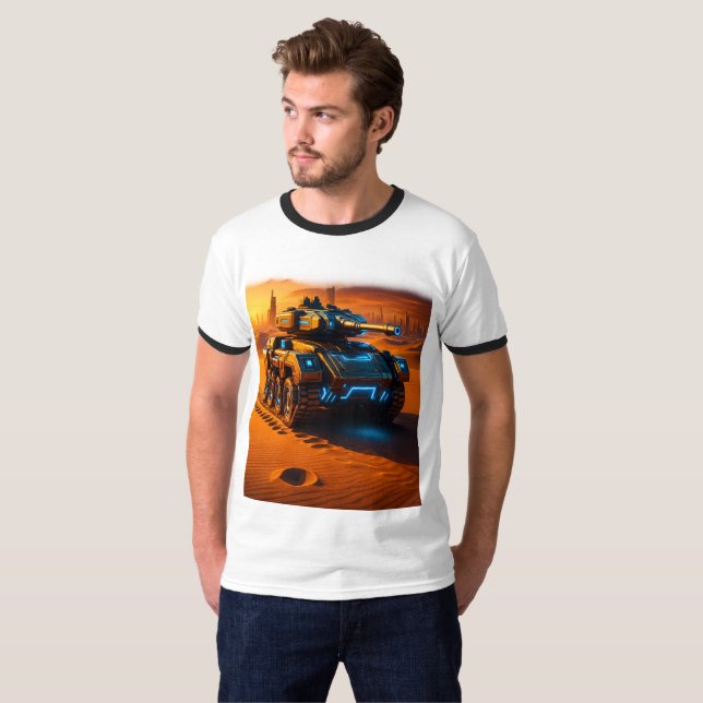 T-shirt Retro Ringer Tee – Char Tank dans un désert dystop (Devant entier)
