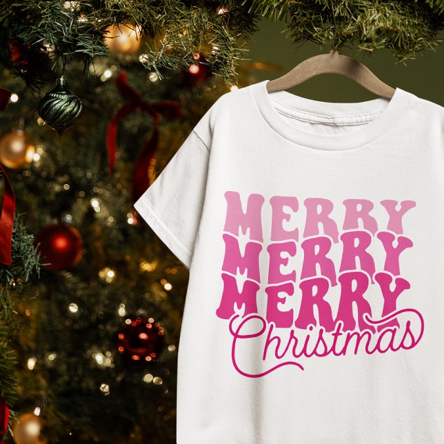 T-Shirt Retro Rose Gras et Monoline Joyeux Noël (Retro Pink Bold and Monoline Merry Christmas T-Shirt)