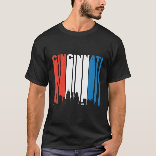 T-shirt Retro Rouge Blanc Bleu Cincinnati Oh Skyline Long  (Devant)