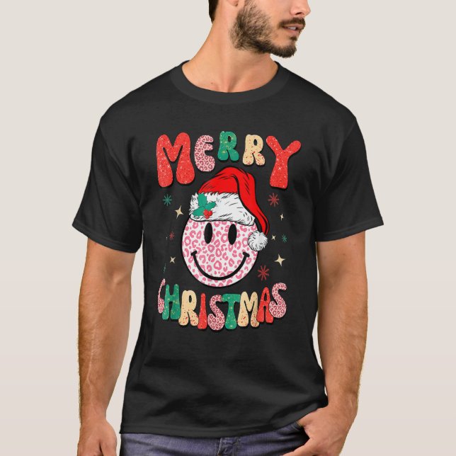 T-shirt Retro Santa Hat Leopard Smile Face Merry Christmas (Devant)