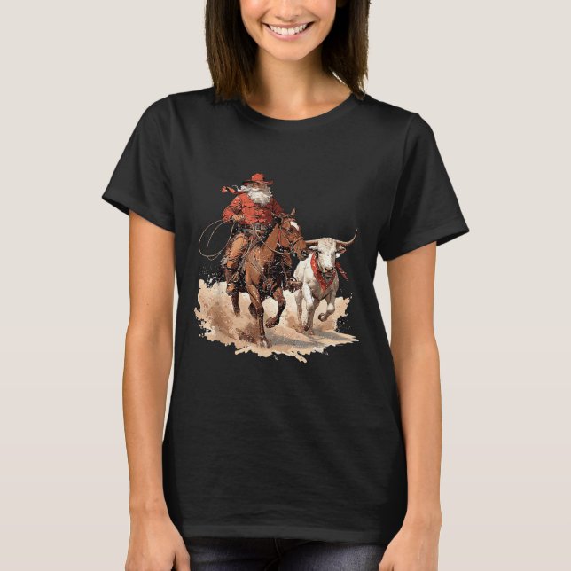 T-shirt Retro Santa Rodeo Reindeer Cowboy Western Horse Hi (Devant)