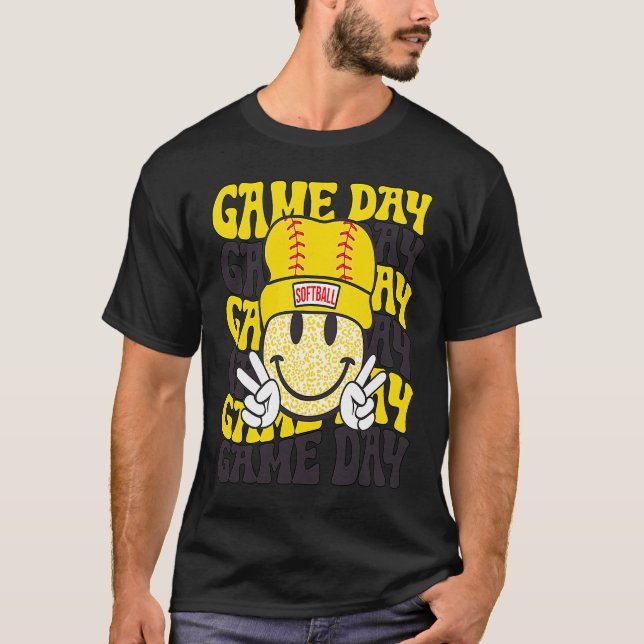T-shirt Retro Smile Face Softball Game Day Vibes Softball  (Devant)