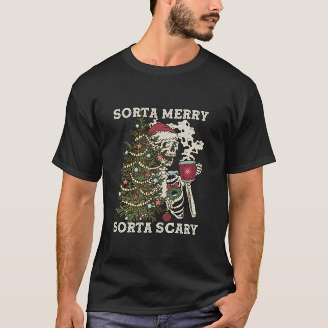 T-shirt Retro Sorta Merry Sorta Effrayant Noël Squelette H (Devant)
